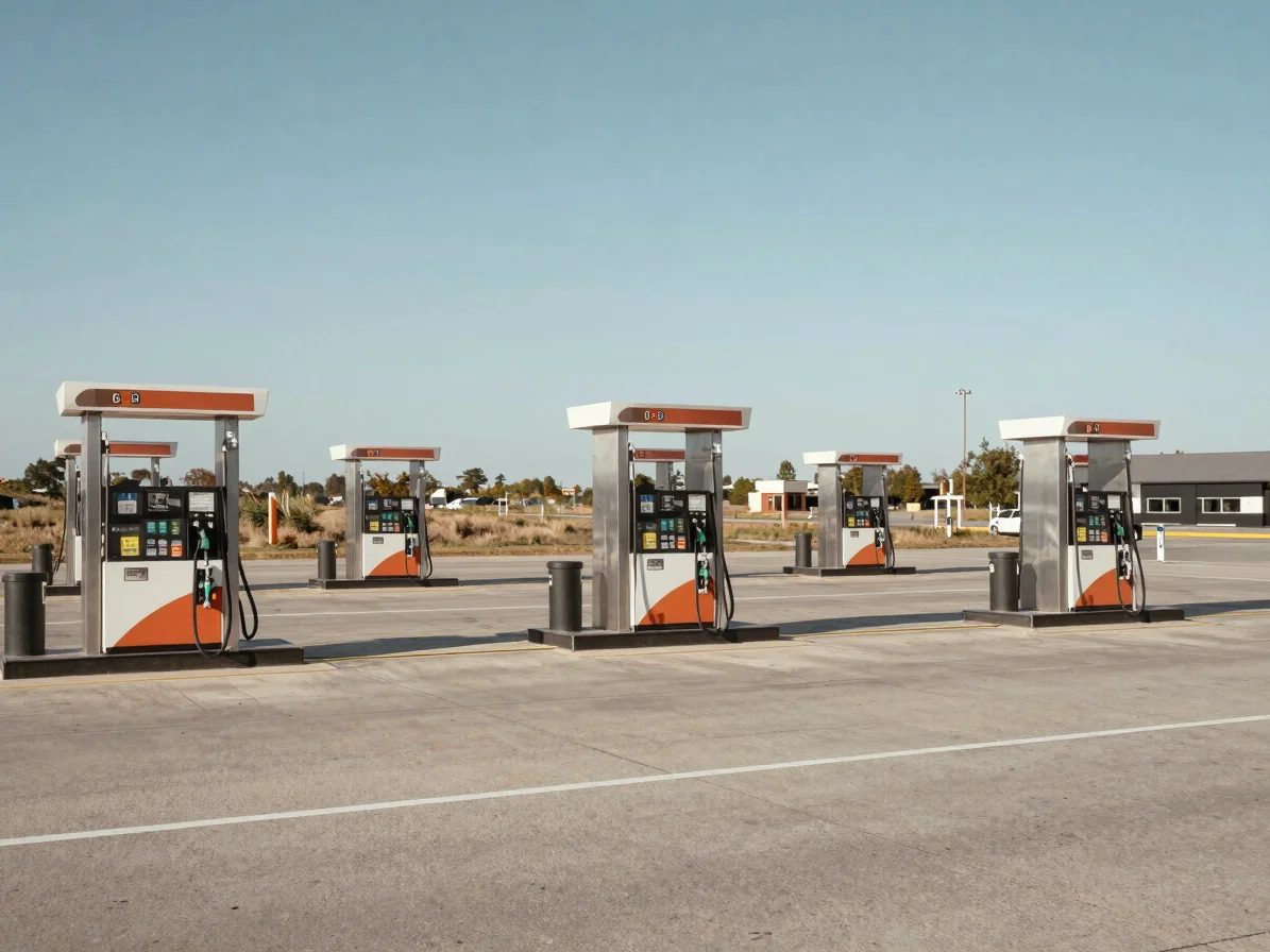 Editorial commercial photograph of a row of fuel dispensers in clear daylight, restrained charcoal and steel tones, wide