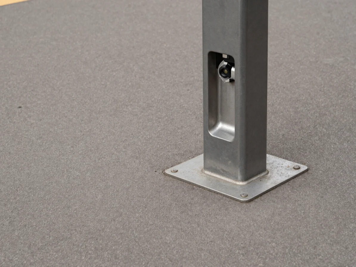 Editorial commercial photograph close-up of station pavement and dispenser base, even neutral lighting, crisp surface de