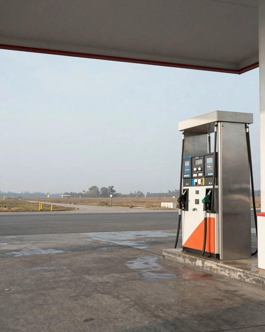 Wide editorial commercial photograph of industrial fuel dispensers and nozzles on a clean station forecourt, clear dayli
